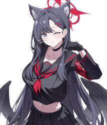 Rule 34 | 1girl, absurdres, animal ear fluff, animal ears, black choker, black gloves, black hair, black serafuku, black shirt, black skirt, black wings, blue archive, breasts, cat ears, choker, clenched hand, closed mouth, collarbone, commentary, cropped shirt, elinnasky, extra ears, feathered wings, gloves, grey eyes, hair ornament, hairclip, halo, hand up, highres, ichika (blue archive), kemonomimi mode, large breasts, long hair, low wings, midriff, navel, neckerchief, one eye closed, parted bangs, paw pose, pleated skirt, red halo, red neckerchief, school uniform, serafuku, shirt, simple background, skirt, smile, solo, upper body, white background, wings
