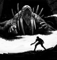 Rule 34 | 1boy, blame!, cyborg, eldritch abomination, epic, giant, glowing, graviton beam emitter, greyscale, gun, killy, male focus, monochrome, monster, morriperkele, open mouth, realistic, safeguard, science fiction, solo, spoilers, weapon