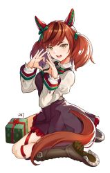 Rule 34 | 1girl, :d, animal ears, black footwear, boots, box, brown eyes, brown hair, commentary request, da-cart, dress, gift, gift box, heart, heart hands, highres, horse girl, horseshoe, juliet sleeves, long hair, long sleeves, looking at viewer, nice nature (umamusume), open mouth, puffy sleeves, purple dress, shirt, simple background, sitting, smile, solo, tail, twintails, umamusume, wariza, white background, white shirt