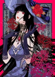 Rule 34 | 1girl, absurdres, black hair, blunt bangs, border, bow, breasts, cleavage, clothing cutout, collar, dress, flower, gem, gloves, hand up, hat, hat bow, hat flower, highres, hime cut, holding, holding smoking pipe, ichihara yuuko, jewelry, kiseru, light smile, lipstick, long hair, looking up, makeup, outside border, picture frame, pink border, purple dress, purple gloves, purple hat, red eyes, red flower, red gemstone, red rose, rose, smoking pipe, solo, spider lily, strapless, strapless dress, striped, striped bow, upper body, xxxholic, yyuunn