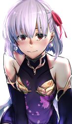 Rule 34 | 1girl, armor, blush, breastplate, breasts, collarbone, earrings, elbow gloves, fate/grand order, fate (series), gloves, hair ribbon, i-pan, jewelry, kama (fate), kama (first ascension) (fate), looking at viewer, purple gloves, purple hair, red eyes, ribbon, short hair, simple background, solo, white background