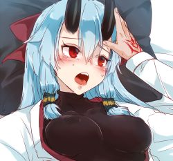Rule 34 | 1girl, breasts, command spell, fate/grand order, fate (series), fujimaru ritsuka (male), hair between eyes, hair over one eye, highres, horns, hourai kochou, oni horns, open mouth, red eyes, ribbon, shirt, silver hair, taut clothes, taut shirt, tears, tomoe gozen (fate)