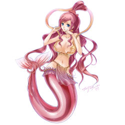 Rule 34 | 1girl, bare arms, bare shoulders, bikini, bikini top only, blue eyes, blush, breasts, closed mouth, collarbone, earrings, fins, fish tail, full body, groin, hair rings, jewelry, large breasts, loincloth, long hair, looking at viewer, mermaid, monster girl, navel, one piece, pelvic curtain, pink hair, shell, shell earrings, shirahoshi, sidelocks, simple background, solo, stomach, swimsuit, tail, tenjou tsuki, very long hair, white background