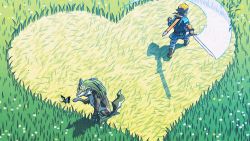 Rule 34 | 1boy, blonde hair, bug, butterfly, from above, grass, heart, highres, bug, link, wolf link, nintendo, official art, pointy ears, ponytail, scabbard, sheath, sword, the legend of zelda, the legend of zelda: breath of the wild, weapon, wolf