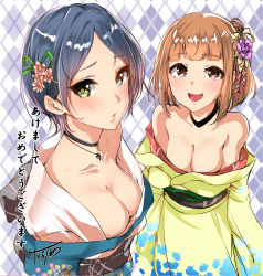 Rule 34 | 2girls, :d, argyle, argyle background, argyle clothes, bare shoulders, black choker, blue hair, blue kimono, blunt bangs, blush, breasts, brown hair, choker, cleavage, collarbone, commentary request, floral print, flower, green eyes, green kimono, hair flower, hair ornament, hayami kanade, heart, heart necklace, highres, idolmaster, idolmaster cinderella girls, japanese clothes, jewelry, kimono, kitami yuzu, long sleeves, medium breasts, multiple girls, murabito c, necklace, obi, off shoulder, open clothes, open kimono, open mouth, parted bangs, parted lips, pink flower, print kimono, red eyes, sash, short hair, smile, translation request, upper body