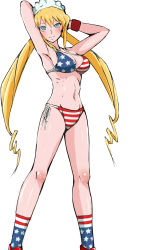 Rule 34 | 1girl, aa+, american flag, american flag bikini, american flag print, armpits, arms behind head, arms up, bikini, blonde hair, breasts, cleavage, drill hair, flag print, hat, highres, kanekane, kneehighs, large breasts, low twintails, maid headdress, monica adenauer, navel, print bikini, side-tie bikini bottom, smile, socks, swimsuit, twintails, wristband, yakitate!! japan