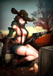 Rule 34 | 1girl, black hair, blindfold, blurry, boots, breasts, brown footwear, brown gloves, bullet, cartridge, closed mouth, cowboy hat, depth of field, detached sleeves, dual wielding, gloves, gun, handgun, hat, highres, holding, holding gun, holding weapon, lapaco, large breasts, looking at viewer, magazine (weapon), navel, original, revealing clothes, revolver, shiny skin, shorts, smile, solo, thighs, weapon