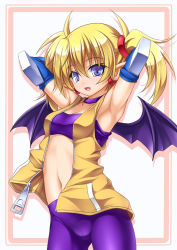 Rule 34 | 1girl, arcana heart, armpits, arms behind head, arms up, bat wings, bike shorts, blonde hair, blue eyes, fang, lilica felchenerow, midriff, navel, pointy ears, roura, short twintails, simple background, solo, strapless, striped, striped background, tube top, twintails, wings