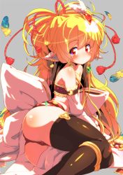 Rule 34 | 1girl, animal ears, ass, bandeau, bare shoulders, black thighhighs, blonde hair, blush, bow, closed mouth, commentary, detached sleeves, earrings, feathers, frown, granblue fantasy, grey background, hair bobbles, hair ornament, harvin, highres, jewelry, large bow, legs, long hair, looking at viewer, looking back, lying, mahira (granblue fantasy), on side, panties, red eyes, red panties, solo, sw (taco), thighhighs, underwear, very long hair