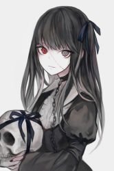 Rule 34 | 1girl, black dress, black hair, black nails, blue bow, blue ribbon, bow, commentary request, dress, fingernails, gothic lolita, grey background, grey eyes, hair bow, hasunokaeru, heterochromia, holding, holding skull, juliet sleeves, lolita fashion, long hair, long sleeves, looking at viewer, nail polish, one side up, original, puffy sleeves, red eyes, ribbon, simple background, skull, sleeves past wrists, solo, upper body