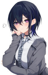 Rule 34 | 1girl, absurdres, argule0901, black collar, black hair, blue hair, collar, collared shirt, dress shirt, grey jacket, grey necktie, hair between eyes, highres, horns, houndstooth, ichinose uruha, ichinose uruha (6th costume), jacket, looking at viewer, multicolored horns, necktie, pout, purple eyes, shirt, simple background, solo, upper body, virtual youtuber, vspo!, white background, white shirt