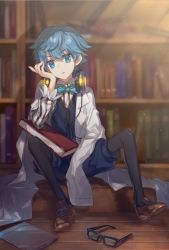 Rule 34 | 10s, 1boy, bad id, bad pixiv id, blue eyes, blue hair, book, bookshelf, bow, bowtie, chocoan, unworn eyewear, fate/extra, fate/extra ccc, fate/grand order, fate (series), glasses, hans christian andersen (fate), headphones, lab coat, male focus, matching hair/eyes, oversized clothes, shorts, sitting, solo