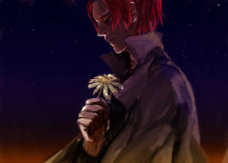 Rule 34 | 1boy, amputee, closed eyes, flower, male focus, night, night sky, one piece, profile, red hair, scar, shanks (one piece), shirt, sky, solo, white shirt