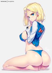 Rule 34 | 1girl, android 18, ass, bare legs, bare shoulders, barefoot, blonde hair, blue bra, blue eyes, blue panties, blush, bra, breasts, commentary, dragon ball, dragonball z, earrings, from behind, hong (white spider), jacket, jewelry, long sleeves, looking at viewer, looking back, medium breasts, open clothes, open jacket, open mouth, panties, parted bangs, patreon username, seiza, short hair, sideboob, signature, simple background, sitting, soles, solo, thong, toes, underwear