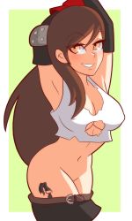 Rule 34 | 1girl, absurdres, armpits, arms behind head, breasts, brown eyes, brown hair, chemical bro (artist), cleavage, final fantasy, final fantasy vii, grin, highres, large breasts, legs, long hair, looking at viewer, navel, no panties, skirt, smile, solo, square enix, tank top, thick thighs, thighs, tifa lockhart, torn clothes, wardrobe malfunction