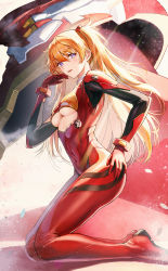 1girl, absurdres, bangs, blue eyes, blush, breasts, cleavage cutout, clothing cutout, covered navel, eva 02, evangelion: 3.0+1.0 thrice upon a time, eyebrows visible through hair, from side, full body, hand on own ass, hand up, highres, huge filesize, kneeling, long hair, looking at viewer, lu (ssuel), mecha, medium breasts, neon genesis evangelion, orange hair, parted lips, plugsuit, rebuild of evangelion, shiny, shiny clothes, smile, soryu asuka langley, thighs, twintails, underboob
