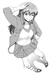 Rule 34 | 1girl, ;d, commentary request, full body, greyscale, highres, kakone, long hair, long sleeves, looking at viewer, monochrome, one eye closed, open mouth, original, plaid, plaid skirt, shirt, shoes, simple background, skirt, smile, socks, striped clothes, striped socks, striped vest, v, vest