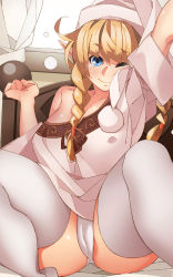 Rule 34 | 1girl, bed, blonde hair, blue eyes, braid, breasts, curvy, covered erect nipples, female focus, hair over shoulder, hat, highres, hyrule warriors, indoors, large breasts, linkle, long hair, looking at viewer, nightcap, nightgown, nintendo, nisego, off shoulder, one eye closed, panties, pantyshot, pointy ears, smile, solo, stretching, the legend of zelda, thick thighs, thighhighs, thighs, twin braids, underwear, waking up