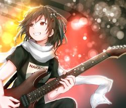 Rule 34 | 1girl, baileys (tranquillity650), blurry, blurry background, blush, bokeh, brown eyes, brown hair, clothes writing, depth of field, electric guitar, grin, guitar, hair between eyes, hair ornament, highres, holding, holding plectrum, indoors, instrument, kantai collection, lights, looking away, music, playing instrument, plectrum, remodel (kantai collection), scarf, sendai (kancolle), shirt, short hair, sidelocks, signature, smile, strap, sweat, twitter username, two side up, white scarf
