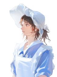 Rule 34 | 1girl, absurdres, apron, blue skirt, brown eyes, brown hair, chinese commentary, commentary request, from side, highres, maid, maid apron, original, parted lips, short sleeves, simple background, skirt, solo, teeth, upper body, wangan, white apron, white background