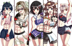 Rule 34 | 5girls, abs, adapted costume, ahoge, armpits, bike shorts, black hair, black ribbon, blonde hair, blue hair, brown eyes, brown hair, double bun, fingerless gloves, flying sweatdrops, forehead protector, gloves, haguro (kancolle), hair flaps, hair ornament, hairband, headgear, houshou (kancolle), jintsuu (kancolle), kantai collection, kongou (kancolle), licking, licking finger, long hair, looking at viewer, midriff, mma gloves, multiple girls, muscular, muscular female, navel, ponytail, remodel (kantai collection), ribbon, rigid, rigidsteed, shaded face, short hair, shorts, simple background, sports bra, yuudachi (kancolle)