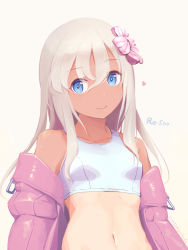 Rule 34 | 1girl, bikini, blue eyes, breasts, commentary, female focus, hair ornament, heart, highres, jacket, kantai collection, long hair, looking at viewer, nakaaki masashi, off shoulder, official alternate costume, one-piece tan, open clothes, open jacket, ro-500 (kancolle), simple background, small breasts, smile, solo, swimsuit, tan, tanline, upper body, white bikini, white hair, yellow jacket