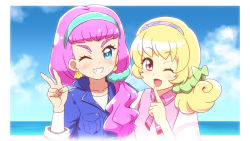 Rule 34 | 2girls, ;d, aikatsu! (series), aikatsu stars!, aqua hairband, aqua scrunchie, blonde hair, blue eyes, blue jacket, blue sky, border, bow, checkered hairband, close-up, cloud, cloudy sky, collarbone, collared jacket, collared vest, commentary request, crossover, curly hair, day, earrings, green bow, green scrunchie, grin, hair bow, hair ornament, hair over shoulder, hair scrunchie, hair up, hairband, hand up, heart, heart hair ornament, heart in eye, highres, hinata yume, index finger raised, jacket, jewelry, laura (precure), long hair, looking at viewer, mewkledreamy, multiple girls, name connection, neck ribbon, ocean, one eye closed, open mouth, outdoors, outside border, pink eyes, pink hair, pink ribbon, pink vest, pointing, pointing up, precure, purple hairband, ribbon, rin takanashi glacies, scrunchie, shell, shell earrings, shirt, shoulder-to-shoulder, side ponytail, sky, smile, star (symbol), star in eye, striped neckwear, striped ribbon, symbol in eye, teeth, thick eyebrows, tropical-rouge! precure, undershirt, upper body, v, vest, white border, white shirt