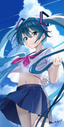 Rule 34 | 1girl, absurdres, arm behind back, blue eyes, blue hair, blue sailor collar, blue skirt, blue sky, closed mouth, cloud, commentary request, cowboy shot, hair between eyes, hair ornament, hatsune miku, highres, long hair, may9, navel, neckerchief, pink neckerchief, pleated skirt, sailor collar, shirt, short sleeves, signature, skirt, sky, smile, solo, very long hair, vocaloid, white shirt