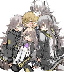 Rule 34 | 5girls, aged down, aged up, blush, brown hair, closed eyes, commentary request, fingerless gloves, girl sandwich, girls&#039; frontline, gloves, grey hair, hug, monokuro (sekahate), multiple girls, multiple persona, official alternate costume, one eye closed, sandwiched, scar, scar across eye, scar on face, siblings, sisters, sketch, ump45 (agent lop rabbit) (girls&#039; frontline), ump45 (girls&#039; frontline), ump45 (mod3) (girls&#039; frontline), ump45 (winter journey) (girls&#039; frontline), ump9 (girls&#039; frontline), unfinished, yuri