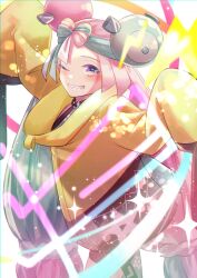 Rule 34 | 1girl, blush, bow-shaped hair, character hair ornament, commentary request, creatures (company), game freak, green hair, grin, hair ornament, highres, iono (pokemon), jacket, long hair, long sleeves, mocacoffee 1001, multicolored hair, nintendo, one eye closed, pink hair, pokemon, pokemon sv, purple eyes, sleeves past fingers, sleeves past wrists, smile, solo, teeth, twintails, two-tone hair, yellow jacket
