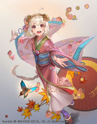 Rule 34 | 1girl, :d, ahoge, blonde hair, braid, bug, butterfly, emperors saga, floral print, full body, grey background, hair ornament, hairband, highres, bug, japanese clothes, kimono, leaf, liduke, long hair, long sleeves, maple leaf, obi, official art, oil-paper umbrella, open mouth, outstretched arms, pink kimono, platform clogs, platform footwear, purple legwear, red eyes, sandals, sash, single braid, smile, solo, spread arms, standing, tabi, umbrella, very long hair, watermark, wide sleeves