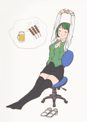 Rule 34 | 1girl, alcohol, beer, black thighhighs, blush, breasts, chair, closed mouth, food, green hair, hairband, headset, highres, idolmaster, idolmaster (classic), mole, mole under mouth, ooeyama ken, otonashi kotori, short hair, simple background, skirt, smile, solo, thighhighs, white background, yakitori