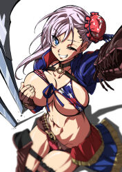 Rule 34 | 1girl, american flag bikini, american flag print, areola slip, asymmetrical gloves, bikini, blue eyes, blue jacket, blurry, breasts, brown gloves, bun cover, choker, cleavage, collarbone, covered erect nipples, covering breasts, covering privates, cropped jacket, depth of field, fate/grand order, fate (series), fingerless gloves, flag print, gloves, grin, hair bun, hair ribbon, highres, jacket, large breasts, long hair, long sleeves, looking at viewer, miyamoto musashi (fate), miyamoto musashi (fate/grand order), miyamoto musashi (swimsuit berserker) (fate), miyamoto musashi (swimsuit berserker) (second ascension) (fate), navel, one breast out, one eye closed, outstretched arm, pink hair, print bikini, ribbon, shrug (clothing), single side bun, smile, solo, swept bangs, swimsuit, thighhighs, thighs, yuukami (wittsu)