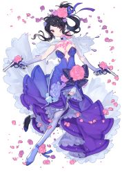 Rule 34 | 1girl, absurdres, bad id, bad pixiv id, black hair, black tea (food fantasy), breasts, brown eyes, dress, flower, food fantasy, gun, highres, holding, holding weapon, long hair, looking to the side, maratang, pale skin, petals, ponytail, revealing clothes, weapon, white background
