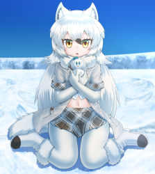 Rule 34 | 10s, 1girl, :o, absurdres, animal ears, arctic wolf (kemono friends), blue sky, boots, coat, commentary request, crossed arms, day, fang, full body, fur-trimmed boots, fur collar, fur trim, hair between eyes, highres, holding, kakutasu (akihiron cactus), kemono friends, long hair, looking at viewer, midriff, navel, outdoors, pantyhose, plaid, plaid skirt, plaid trim, sitting, skirt, sky, snow, snowman, solo, wariza, white coat, white hair, white pantyhose, wolf ears, yellow eyes