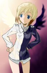 Rule 34 | 1girl, asymmetrical clothes, asymmetrical wings, black wings, blonde hair, blue eyes, bob cut, brown hair, collared shirt, erica hartmann, gradient background, hands on own hips, homare (homaredai), long sleeves, military, military uniform, multicolored hair, shirt, short hair, smile, solo, sparkle, split theme, strike witches, two-tone hair, uniform, white wings, wings, world witches series