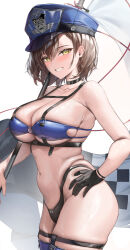 Rule 34 | 1girl, absurdres, azur lane, baltimore (azur lane), baltimore (finish line flagbearer) (azur lane), bikini, black choker, black gloves, blush, breasts, brown hair, checkered flag, chest harness, choker, flag, gloves, grin, harness, hat, highleg, highleg bikini, highres, holding, holding flag, large breasts, looking at viewer, mismatched bikini, navel, official alternate costume, peaked cap, samart, short hair, simple background, skindentation, smile, solo, stomach, sweat, swimsuit, white background