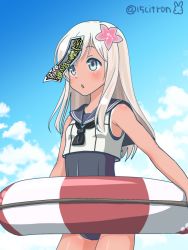 Rule 34 | 10s, 15citron, 1girl, blonde hair, blue eyes, crop top, flower, hair flower, hair ornament, kantai collection, lifebuoy, long hair, ofuda, one-piece swimsuit, one-piece tan, paper, ro-500 (kancolle), sailor collar, school swimsuit, school uniform, serafuku, solo, swim ring, swimsuit, swimsuit under clothes, tan, tanline, torpedo, translated