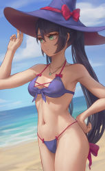 Rule 34 | 1girl, bare arms, bare shoulders, bikini, black hair, blue sky, breasts, cleavage, cloud, cowboy shot, day, genshin impact, green eyes, hand on own hip, hand up, hat, highres, jewelry, long hair, mona (genshin impact), navel, necklace, ocean, outdoors, purple bikini, purple hat, sidelocks, sky, small breasts, solo, standing, stomach, stormstx, swimsuit, thighs, twintails, very long hair, water, witch hat