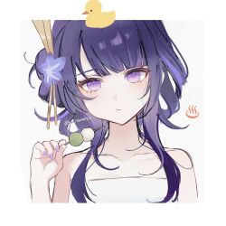 1girl artist_name bare_shoulders blunt_bangs chewing closed_mouth collarbone commentary_request dango eating food genshin_impact hair_bun hair_ornament hand_up head_tilt highres holding holding_food light_blush long_hair mi505521 mole mole_under_eye multicolored_hair naked_towel purple_eyes purple_nails raiden_shogun streaked_hair towel twitter_username unfinished wagashi white_background