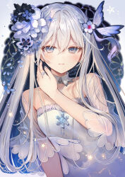 Rule 34 | 1girl, blue flower, closed mouth, collarbone, commentary request, dress, flower, grey eyes, grey hair, hair between eyes, hair flower, hair ornament, hand up, highres, kouyafu, long hair, long sleeves, looking at viewer, original, see-through, see-through sleeves, signature, smile, solo, upper body, very long hair, white dress, white flower, wide sleeves
