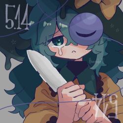 Rule 34 | 1girl, black hat, blouse, bow, buttons, crying, crying with eyes open, diamond button, eyeball, frilled shirt collar, frilled sleeves, frills, green hair, green skirt, hat, hat bow, hat ribbon, heart, heart of string, holding, holding weapon, koishi day, komeiji koishi, long hair, ribbon, shirt, skirt, solo, tears, touhou, warabe (be-san), weapon