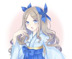 Rule 34 | 1girl, asakaze (kancolle), blue bow, blue eyes, blue hakama, blue kimono, bow, chestnut mouth, chiyori (soleilandiris), forehead, hair bow, hakama, highres, japanese clothes, kantai collection, kimono, light brown hair, long hair, looking at viewer, meiji schoolgirl uniform, one-hour drawing challenge, open mouth, parted bangs, sidelocks, solo, upper body, wavy hair, white background