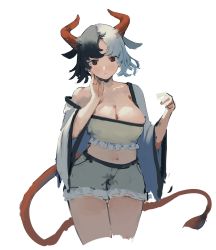 Rule 34 | 1girl, absurdres, animal ears, animal print, breasts, cow ears, cow girl, cow horns, cow print, cow tail, crop top, frilled shorts, frilled skirt, frills, grey hair, haori, highres, horns, japanese clothes, large breasts, midriff, multicolored hair, navel, parted bangs, red horns, red tail, sancking (fatekl), short hair, shorts, simple background, skirt, stomach, tail, tank top, touhou, two-tone hair, ushizaki urumi, white background, wide sleeves, yellow shorts, yellow tank top