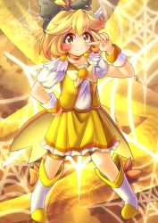 Rule 34 | 1girl, alternate costume, blonde hair, bow, cosplay, cure peace, cure peace (cosplay), female focus, fun bo, hair bow, hair flaps, kurodani yamame, ponytail, precure, short hair, shorts, shorts under skirt, silk, skirt, smile, smile precure!, solo, spider web, touhou, v, yellow background, yellow bow, yellow eyes, yellow skirt, yellow theme