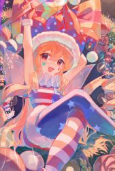 Rule 34 | 1girl, absurdres, american flag dress, american flag legwear, armpits, arms up, blonde hair, character doll, christmas, christmas ornaments, cindy717, clownpiece, doremy sweet, dress, fairy, fairy wings, gloves, hair between eyes, hat, hecatia lapislazuli, hecatia lapislazuli (earth), hecatia lapislazuli (moon), highres, holding, holding torch, jester cap, junko (touhou), long hair, looking at viewer, open mouth, pantyhose, polka dot, polka dot headwear, red eyes, red gloves, red hat, smile, solo, striped clothes, striped dress, striped pantyhose, torch, touhou, wings