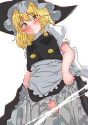 Rule 34 | 1girl, apron, bad id, bad pixiv id, black hat, black skirt, black vest, blonde hair, bloomers, blush, braid, buttons, clothes lift, commentary request, crotchless, crotchless bloomers, double-breasted, from below, hat, highres, kirisame marisa, lifted by self, light censor, long hair, looking at viewer, looking down, mukkushi, pussy, shirt, simple background, single braid, skirt, skirt lift, solo, touhou, underwear, vest, waist apron, white apron, white background, white bloomers, white shirt, witch, witch hat, yellow eyes