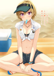 Rule 34 | 1girl, badge, beach towel, bikini, bikini top only, blonde hair, breasts, button badge, cleavage, collared shirt, cooler, denim, denim shorts, flip-flops, food, food in mouth, full body, hair between eyes, highres, idolmaster, idolmaster shiny colors, indian style, jewelry, light blush, looking at viewer, midriff, navel, necklace, oga raito, popsicle, popsicle in mouth, purple eyes, ring, ring necklace, saijo juri, sand, sandals, see-through, see-through shirt, shirt, short hair, short shorts, short sleeves, shorts, sitting, small breasts, solo, sweat, swimsuit, tied shirt, towel, visor cap, white shirt, wristband