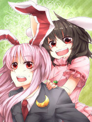 Rule 34 | 2girls, animal ears, bad id, bad pixiv id, blazer, blush, brown hair, carrot, carrot necklace, crescent moon, dress, dress shirt, female focus, inaba tewi, jacket, jewelry, long hair, moon, multiple girls, necklace, necktie, open mouth, pendant, purple hair, rabbit ears, red eyes, red necktie, reisen udongein inaba, sayuma, shirt, short hair, smile, touhou
