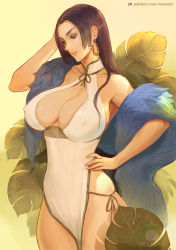 Rule 34 | 1girl, artist name, bare shoulders, black hair, boa hancock, breasts, cleavage, collarbone, covered erect nipples, cowboy shot, dress, earrings, green eyes, jewelry, large breasts, leaf, long hair, nextoad, one piece, parted lips, patreon username, smile, snake earrings, solo, white dress